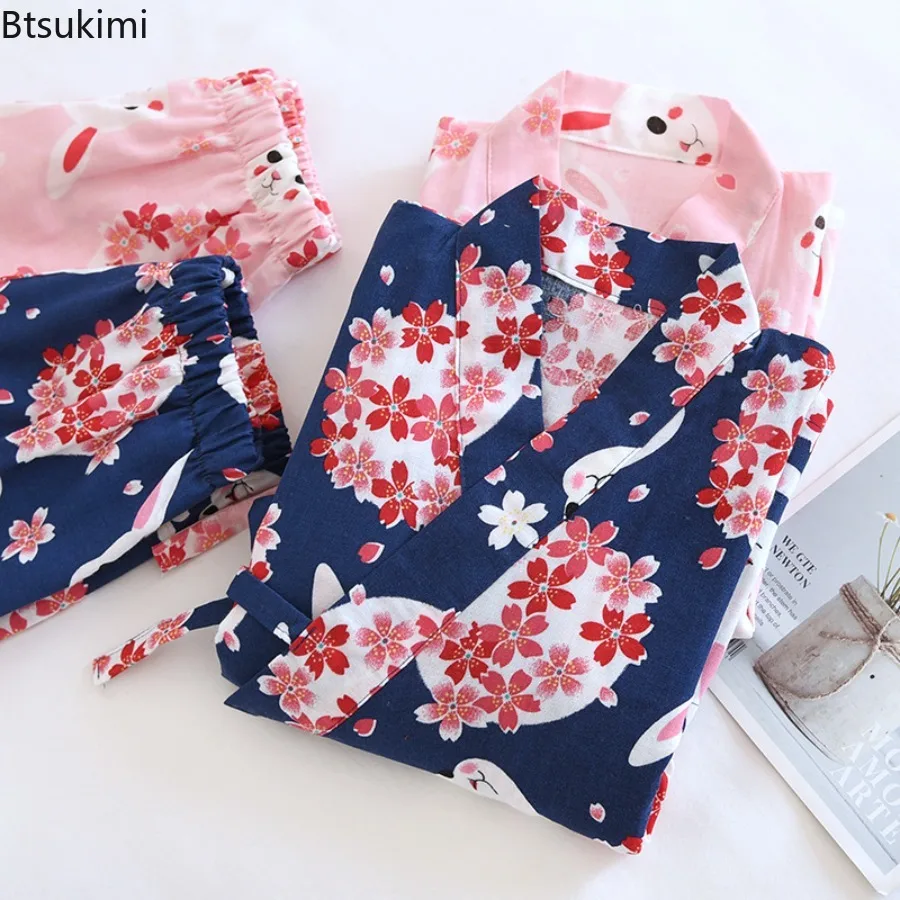 Double Layer Gauze Children's Pure Cotton Lace Up Kimono Pajamas for Boys and Girls Thin Style Mid Sleeved Shorts Home Clothes