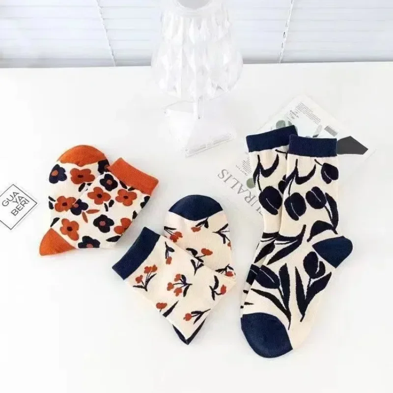 3 Pairs Socks Women Literary and Retro Style Mori Floral Tulip Long Socks Set Knitted Comfortable Autumn Casual Stockings Women