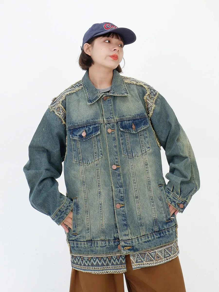 

Ethnic style patchwork denim coats for women's 2023 autumn new loose fitting bf retro casual couple jackets