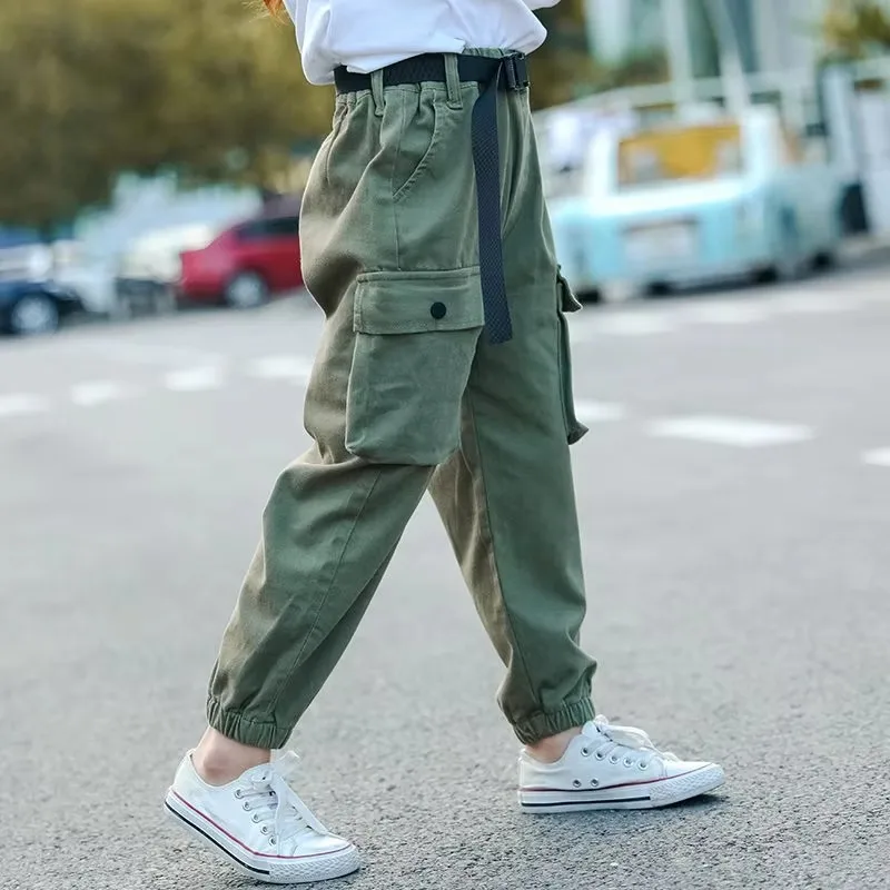 2024 New Fashion Cargo Pants for Girls Cool Trousers With Belt Loose Style Kids Cotton Sport Casual Pants Age 5 6 7 8 9 Year Old