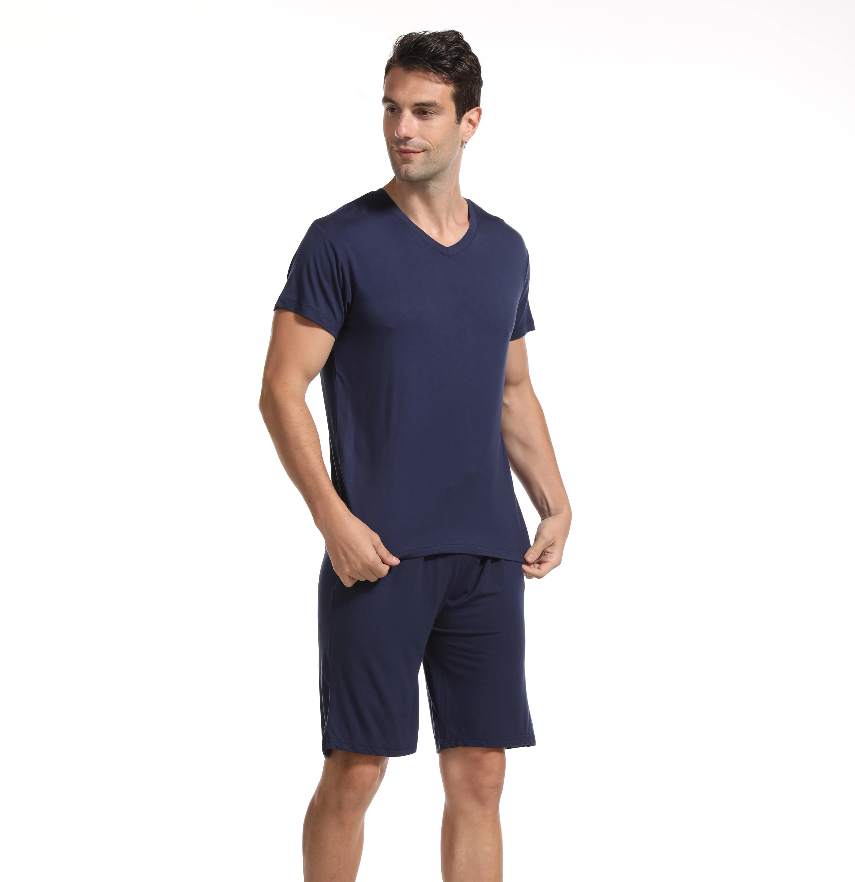 

Men's Two-Piece Set: V-Neck T-Shirt + Slim-Fit Shorts Loose-Fit Short-Sleeve Shorts Pajama Set Modal Summer Loungewear Set