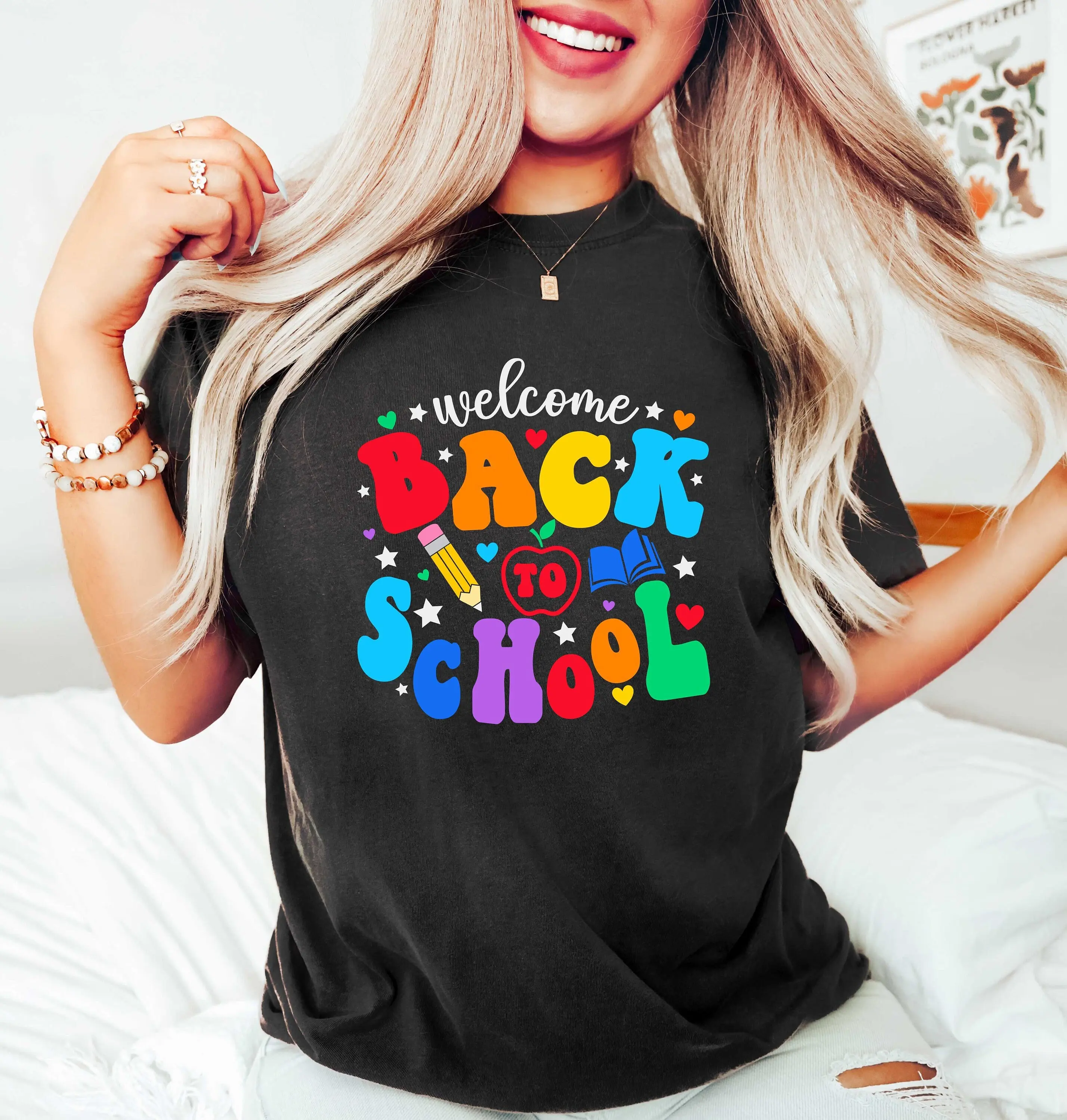 Welcome Back To School T Shirt Books Lover Pre K Teacher Cute Kindergarten Preschool Student