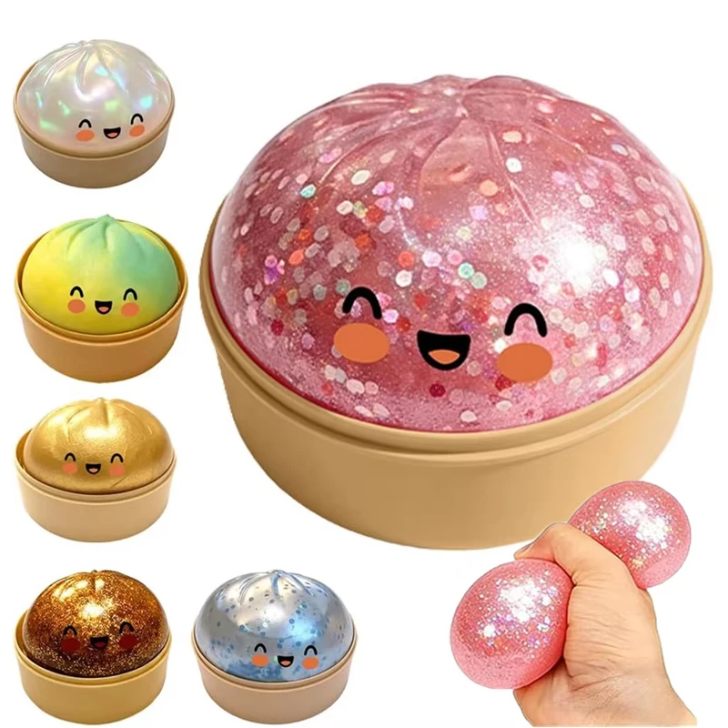  Premium Squishy Steamed Bun Dumpling Toy Slow Rising Glitter Stress Ball Stretchy Decompression Flash Toy Desk Travel Gift