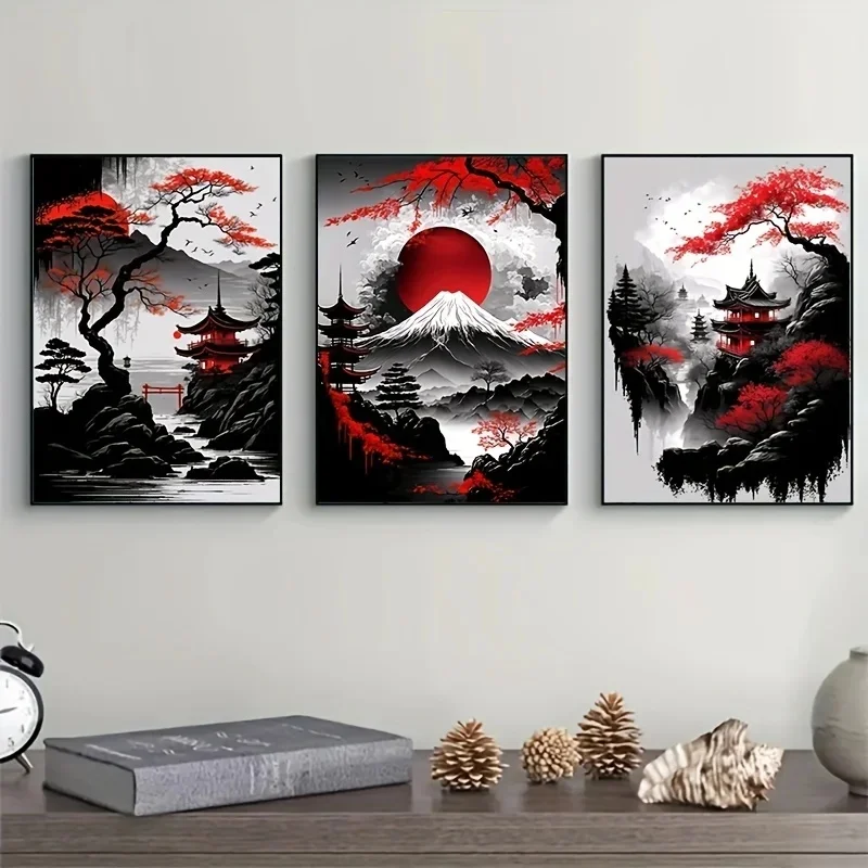 3pcs Frameless Japanese Natural Landscape Canvas Painting Black and Red Posters Vintage Ink Art Wall Prints for Living Room Home