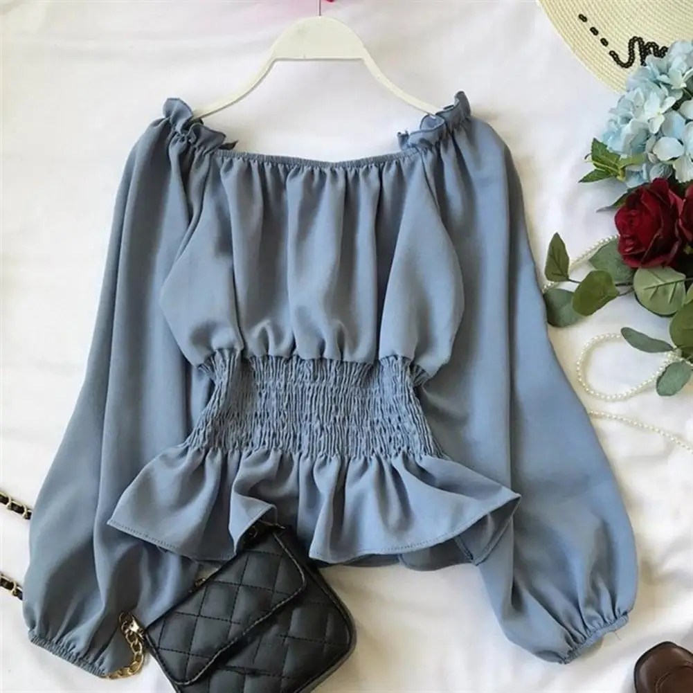 Off Shoulder Elastic Waist Ruffle Hem Solid Color Casual Blouse Spring Autumn Lantern Long Sleeve Women Chiffon Shirt Daily Clot