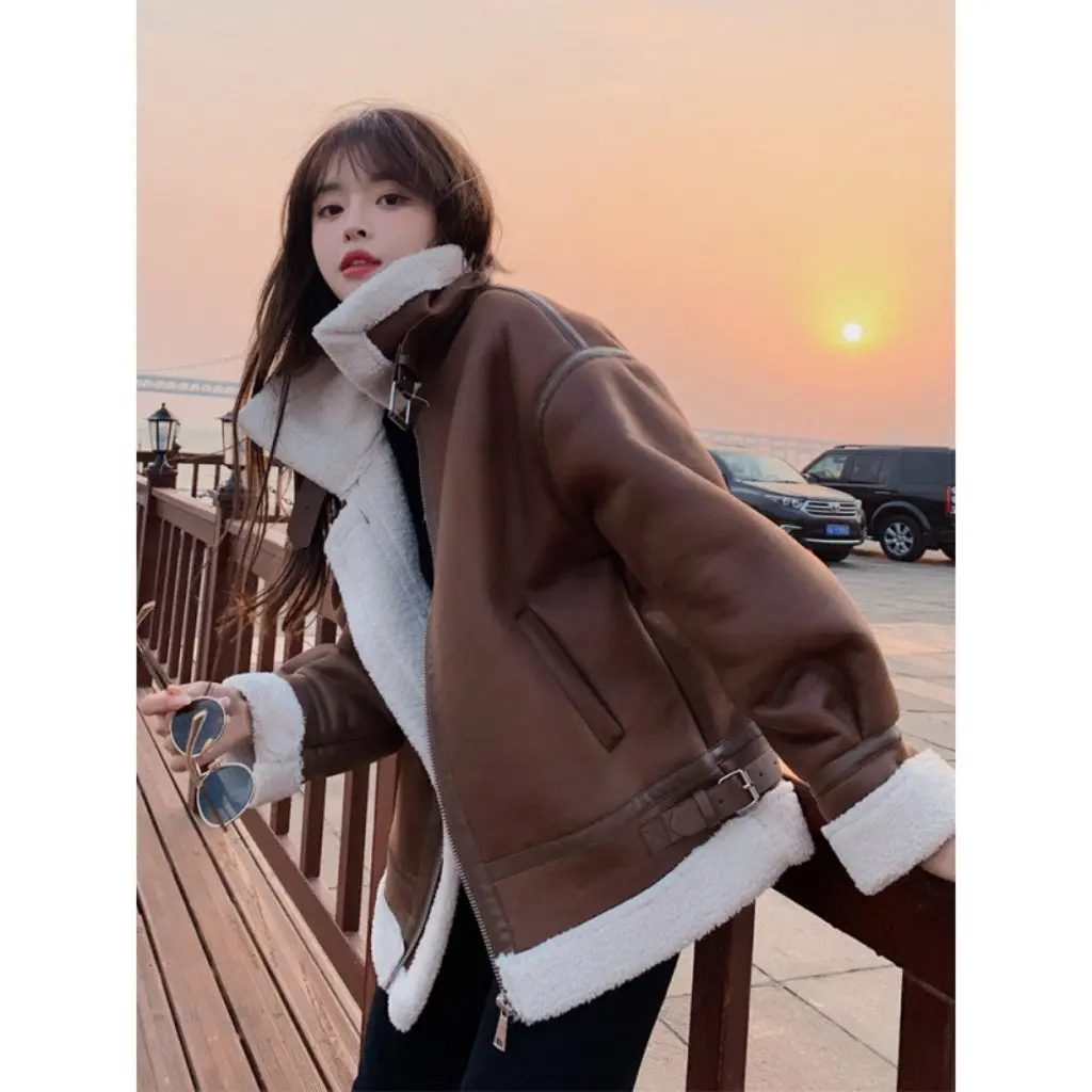 

Зимний женский цельный велосипедный костюм на утолщенном меху, пальто из овечьей шерсти, короткая плюшевая куртка на хлопковой подкладке для женщин