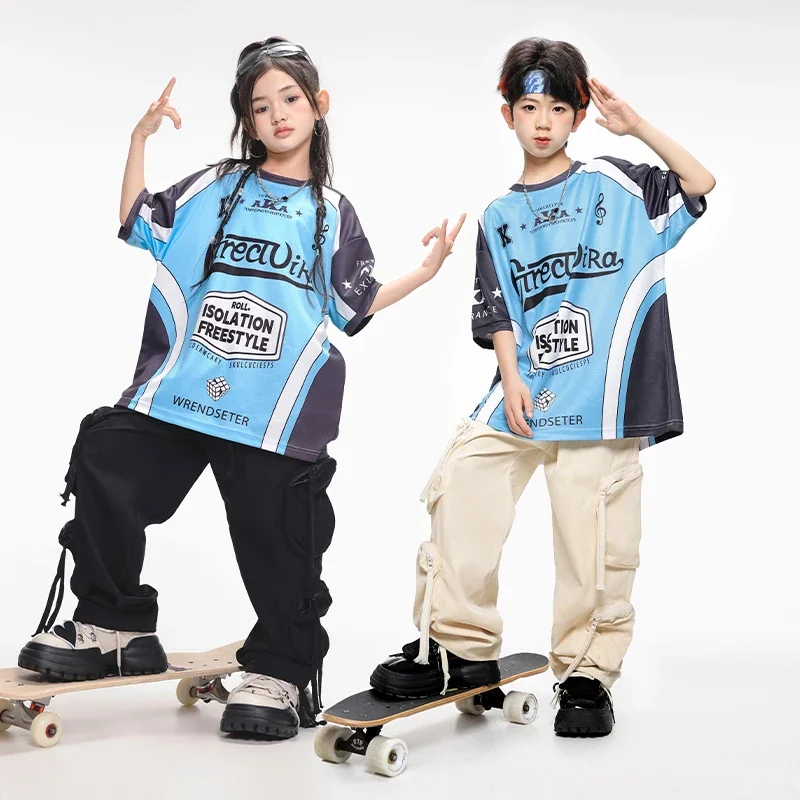 Boys Hip Hop Dancing Outfits Contrast Tshirt Cargo Pants Girls K-pop Street Dance Costumes Kids Jazz Clothes Child Streetwear