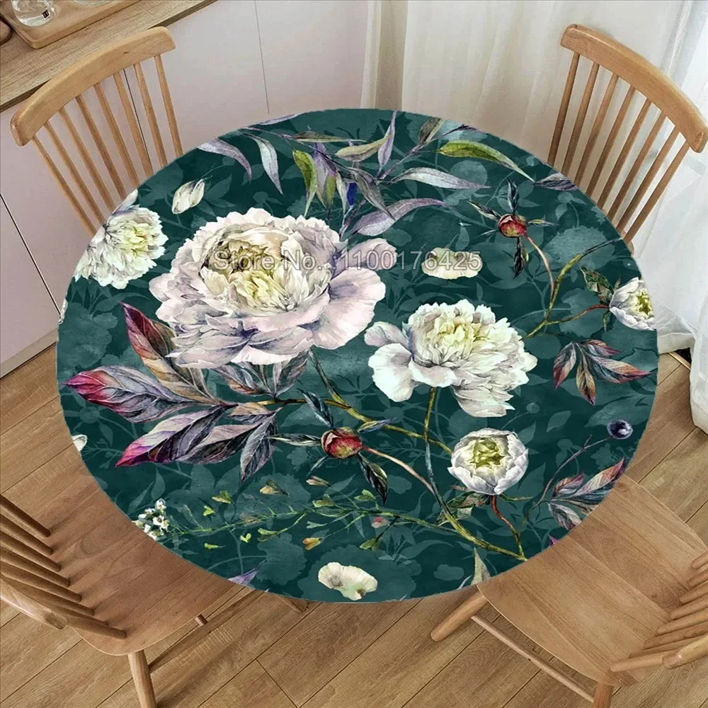 Floral Print Round Tablecloth Fitted Waterproof Wedding Party Table Cover Dinning Kitchen Decorative Camping Picnic Table Cloth
