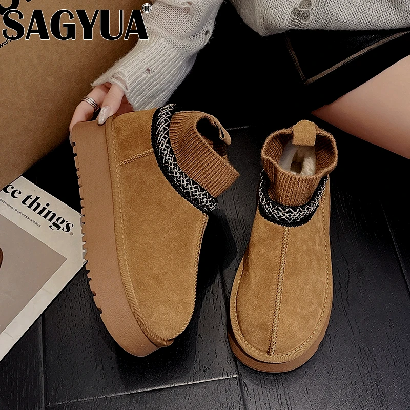 Platform Flats Snow Ankle Boots Women Fur Cotton Shoes Suede Woman Winter Brand 2025 Trend Plush Thick Warm Non-Slip Botas Mujer