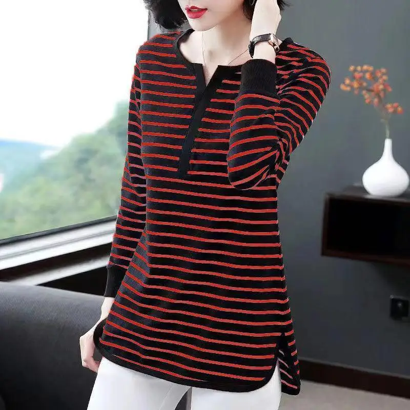 Fashion O-Neck Spliced Asymmetrical Striped T-Shirts Women's Clothing 2024 Autumn New Loose Commuter Tops Irregular Tee Shirt