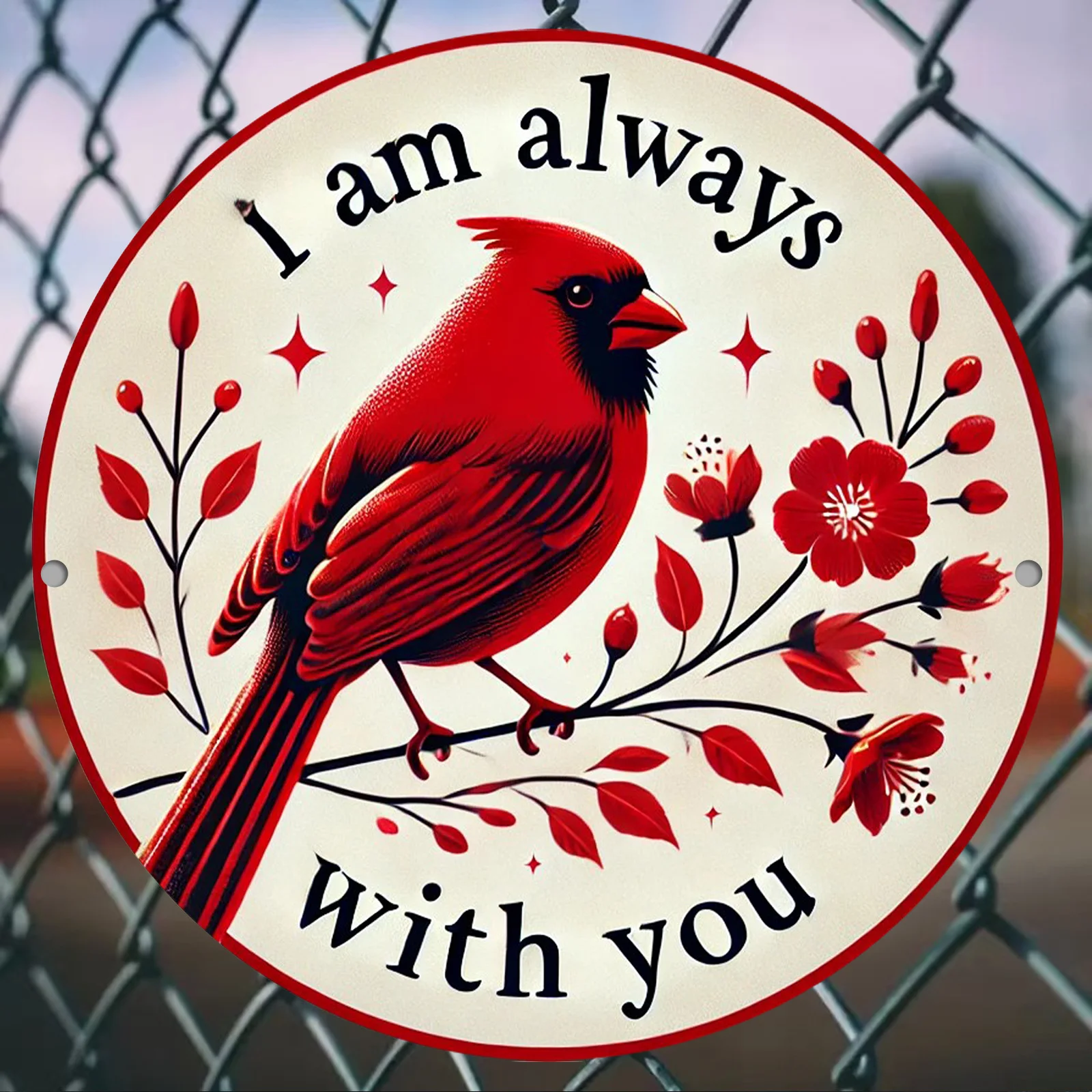 لوحة فنية جدارية من الألومنيوم على شكل طائر أحمر عتيق - لافتة معدنية مستديرة ثنائية الأبعاد مع طباعة عالية الدقة، ديكور سهل التعليق للمنزل والحديقة والبار والمقهى والمزيد - وات #1