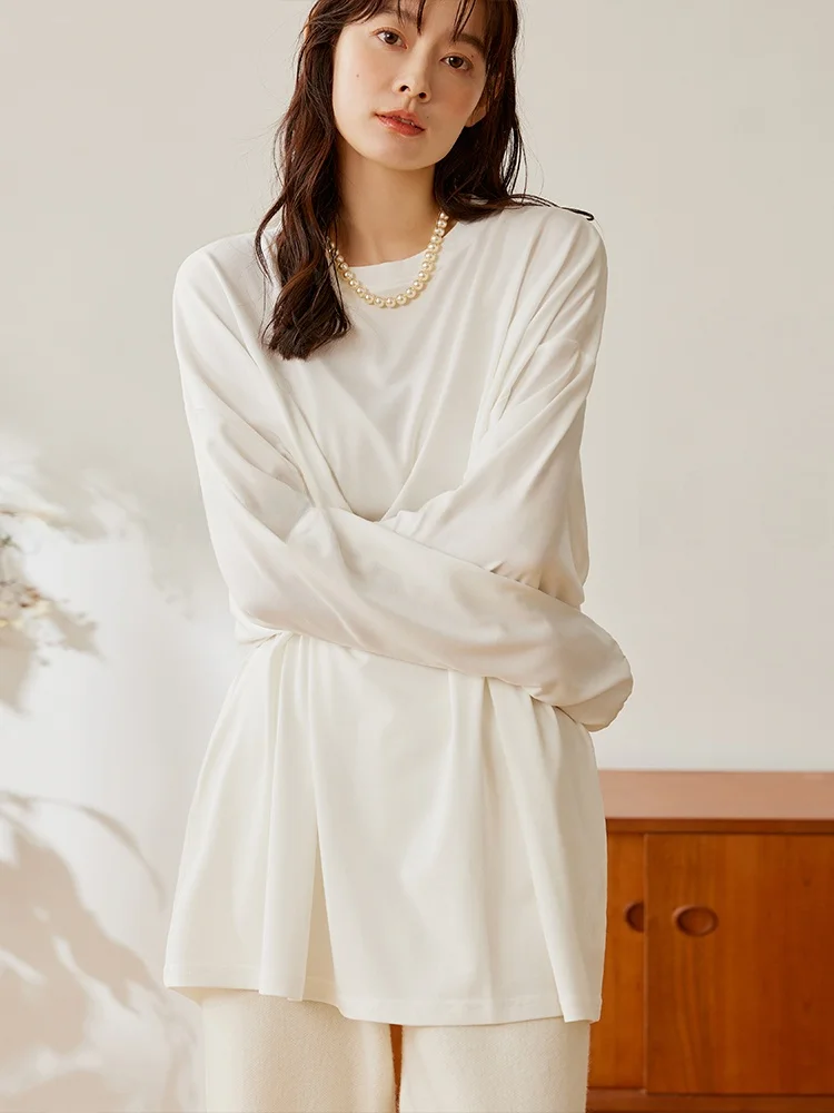 

Classic Bla White Slim Fit Long Sve round Ne T-irt High Yarn Cotton Loose Versatile Casual Top Women's Faion