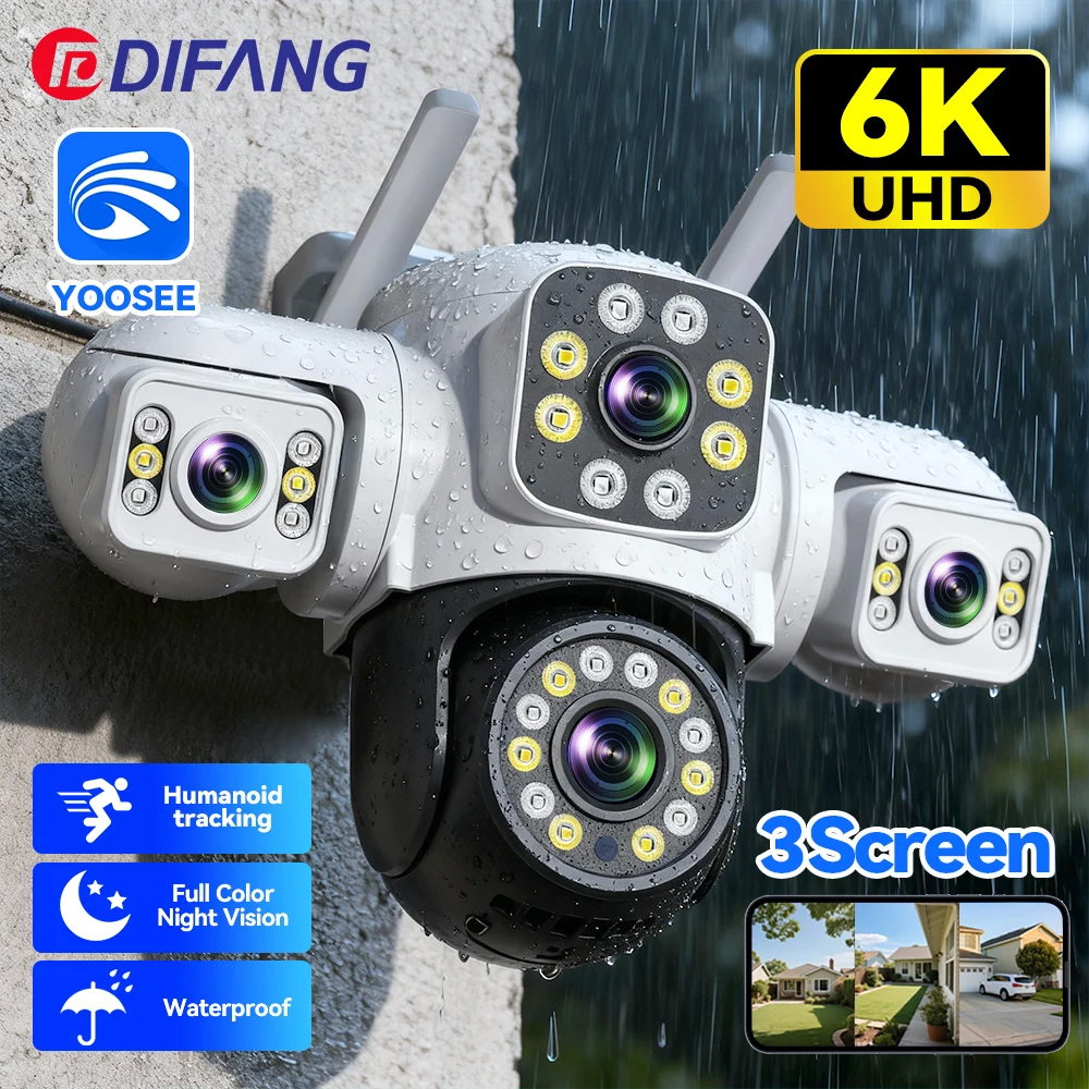 Telecamera IP WiFi con protezione di sicurezza 6K 12MP da esterno 360 °   PTZ Auto Tracking Tre Schermi Mini Sorveglianza Domestica Yoosee CCTV