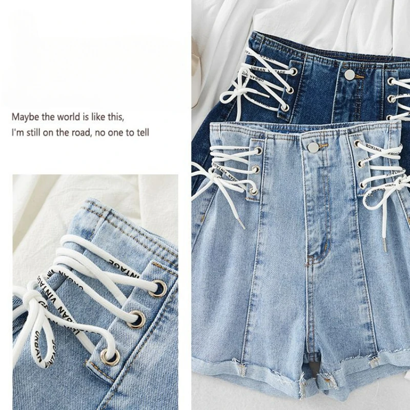 Denim Shorts Summer Bud Thin 2024 New High Waist Loose Thin Design Tie Rope Wide Leg Hot Pants Women