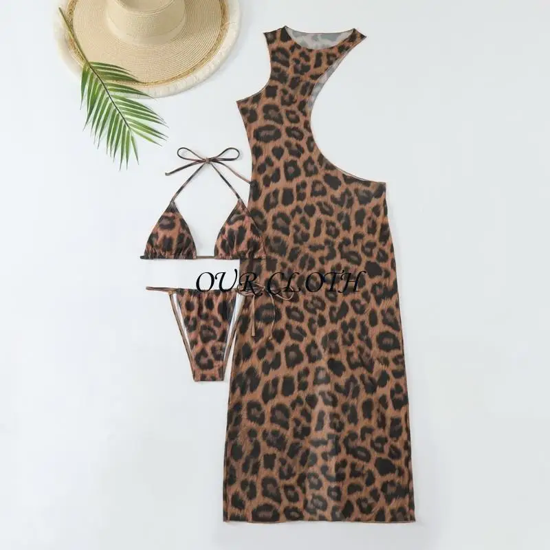 Leopard Print Swimsuit Three Piece Set Split Bathing Suit Cutout Swimwear for Travel Beach and Pool Activity Y1AC