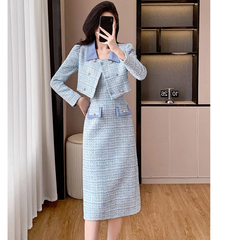 

Luxury Blue Tweed Two Piece Set Women Outfits Female Vintage Lapel Short Jacket Coat+Spaghetti Straps Bodycon Dress Outfits