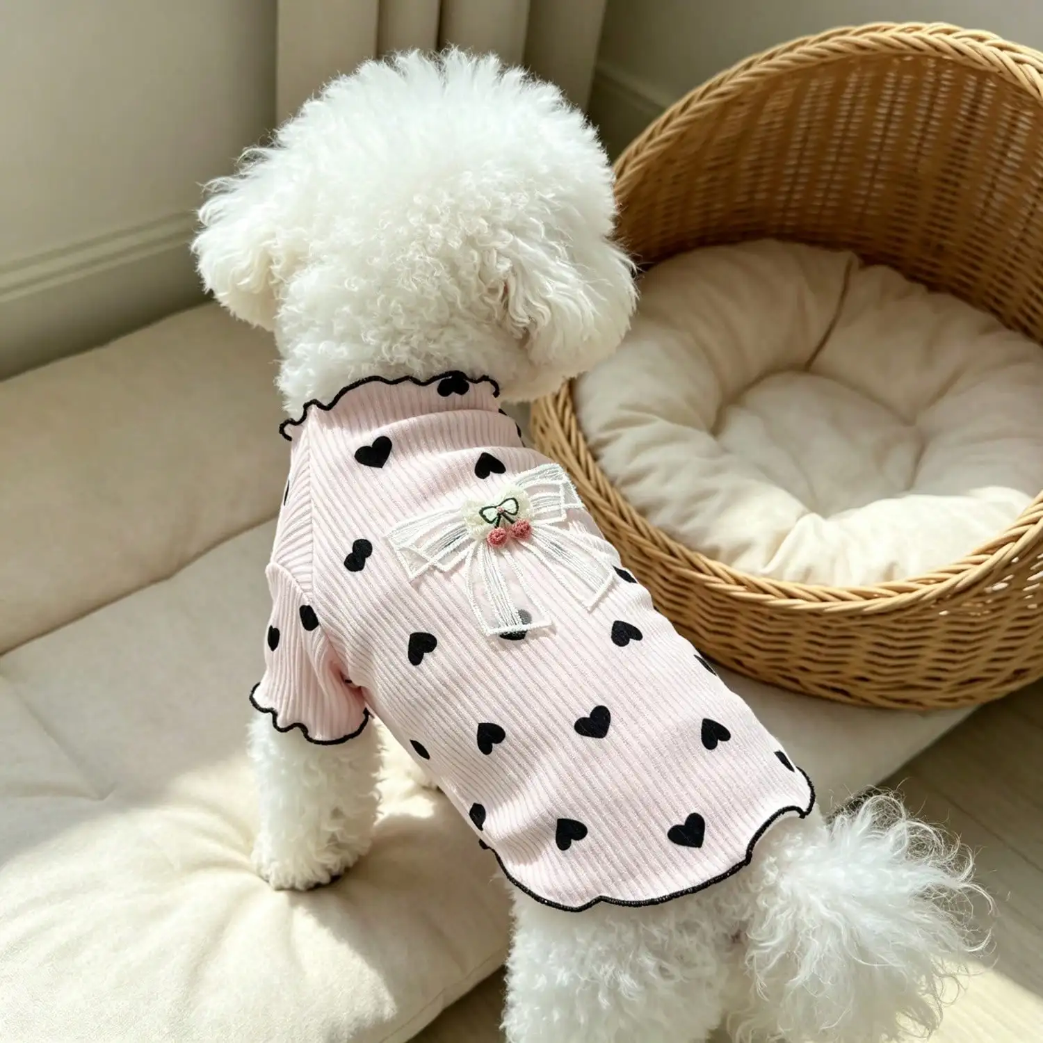 1 Stück Haustier-Hundetop mit Herz-Print, Rüschenbesatz, niedlicher Netzschleife und Kirschdekoration, Pullover-Shirt, weiche Strickkleidung – Detail 11