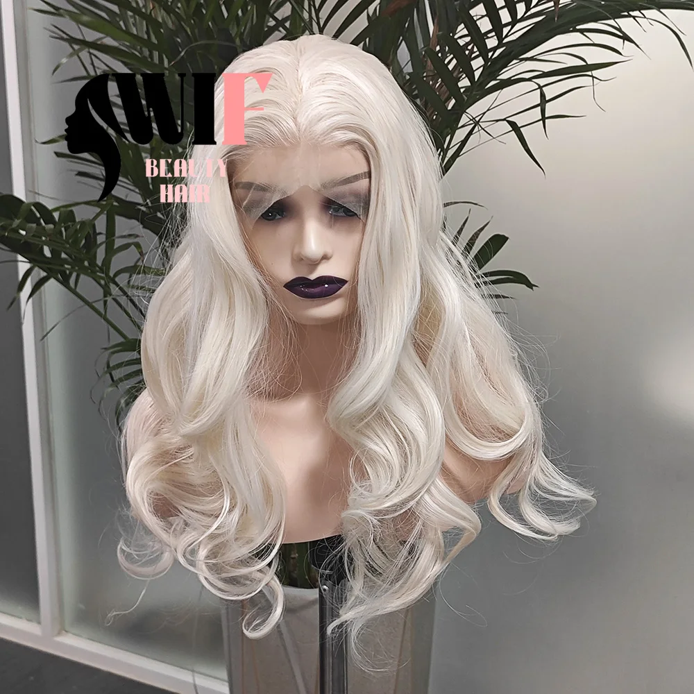 WIF Platinum Hair Synthetic Wig for Women Body Wavy Free Part Heat Resistant Lace Front Wigs Cosplay Makeup Use Blonde Wig