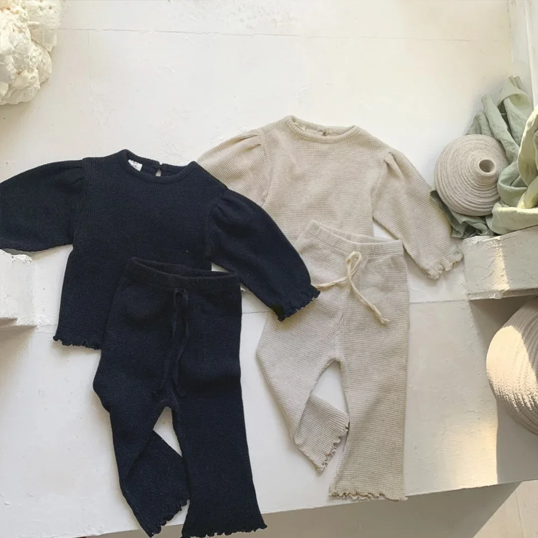 Autumn 2025 Korea Waffle Girl's Suit Long-sleeved T-shirt+ Wavy Hemmed Bell Bottoms Two Piece Suit  Baby Clothing Set