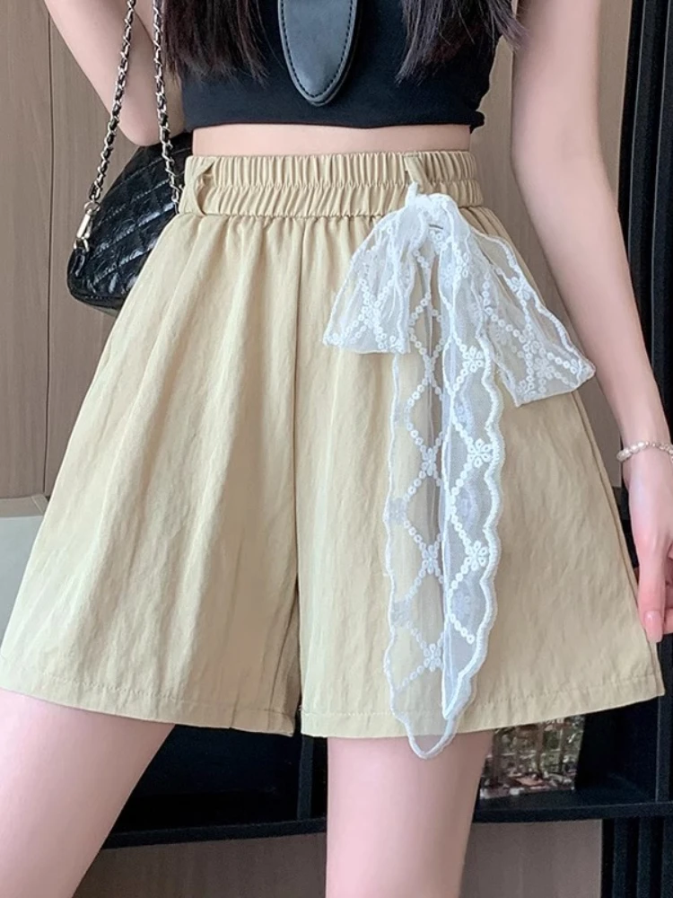 

Female Solid Color Shorts Lace Bow Splicing Tencel Cotton Wide Leg Shorts Women's Summer Elastic Waist Loose A-Line Casual Pants