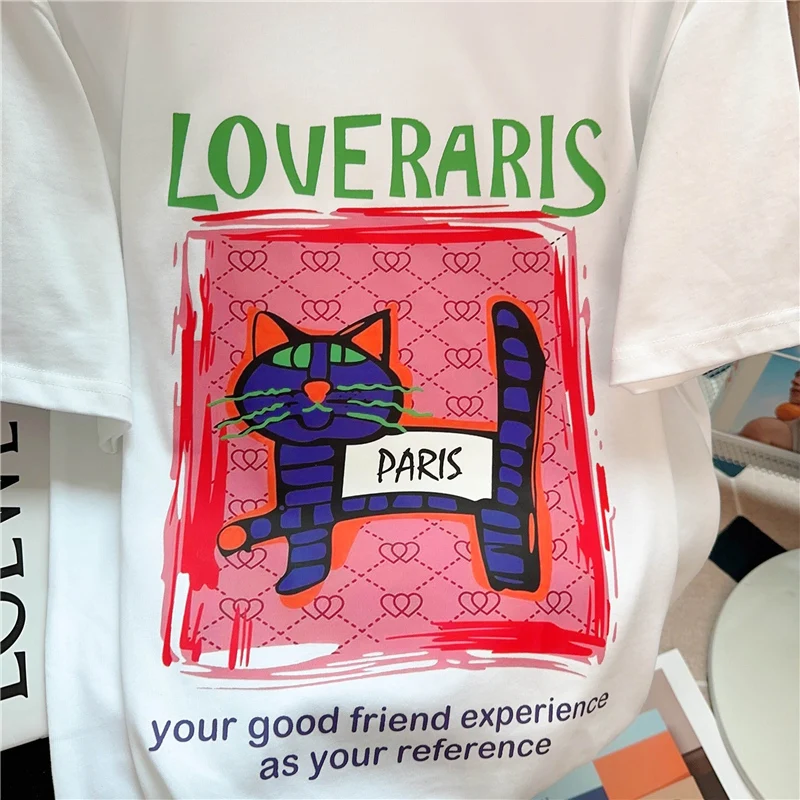 Pure Cotton Short Sleeve T-Shirt Women's Fashion White Anti-Aging Base Shirt Commute Style round Neck Printed Loose Fit