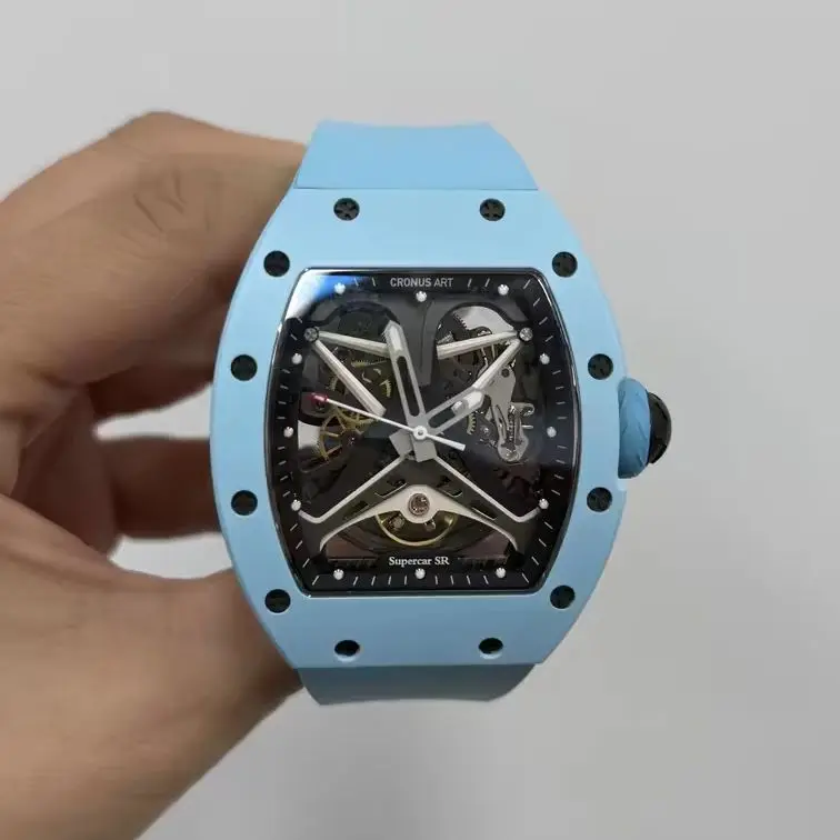 CRONUSART Men Automatic Watch 50mm*42mm Tonneau Mechanical Wristwatch Sapphire Mirror Fluororubber Strap Skeleton Racing Dial