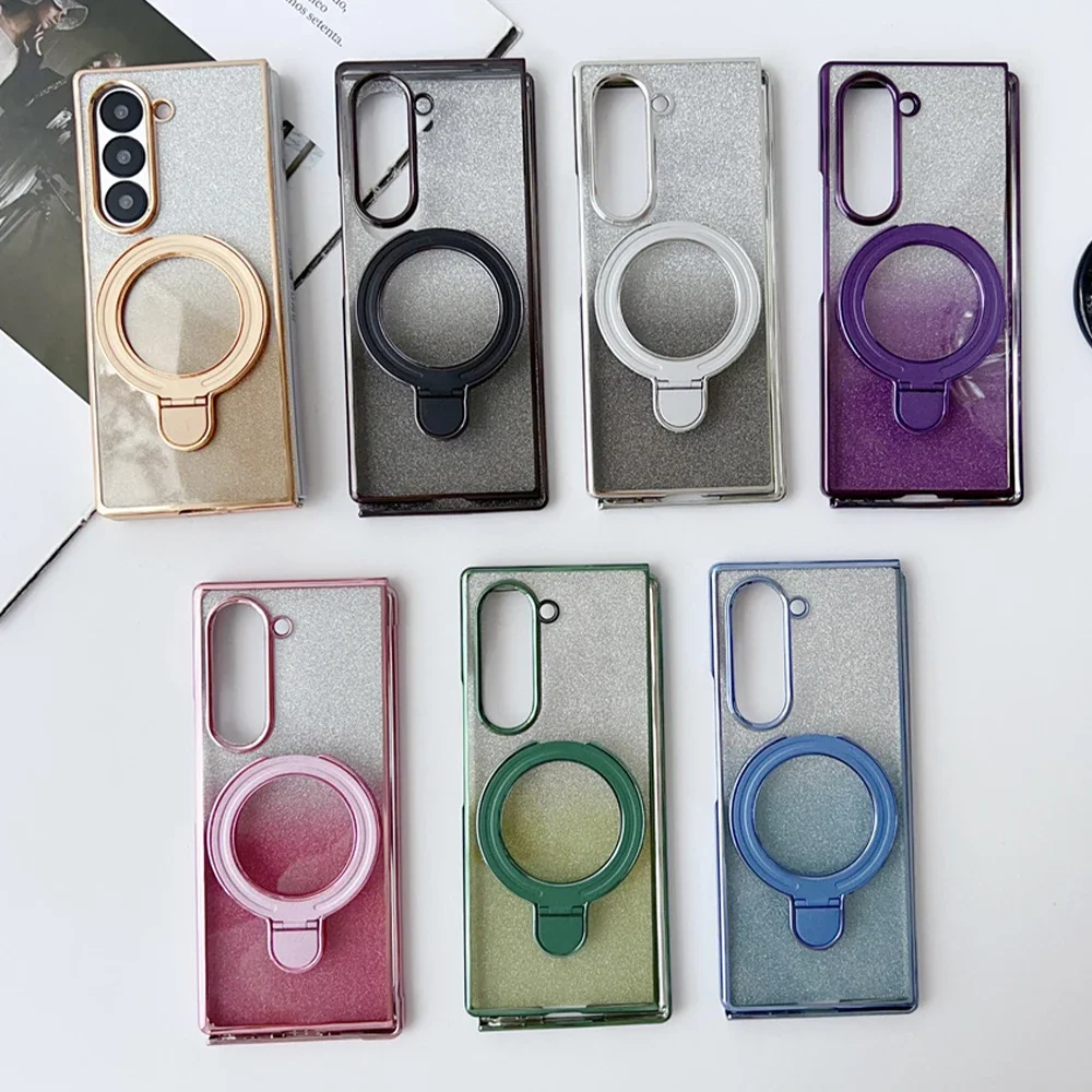 

High Quality Gradient Glitter Magnetic Holder Phone Case For Samsung Z Fold 7 6 5 4 3 Luxury Plating Shockproof Protective Cover