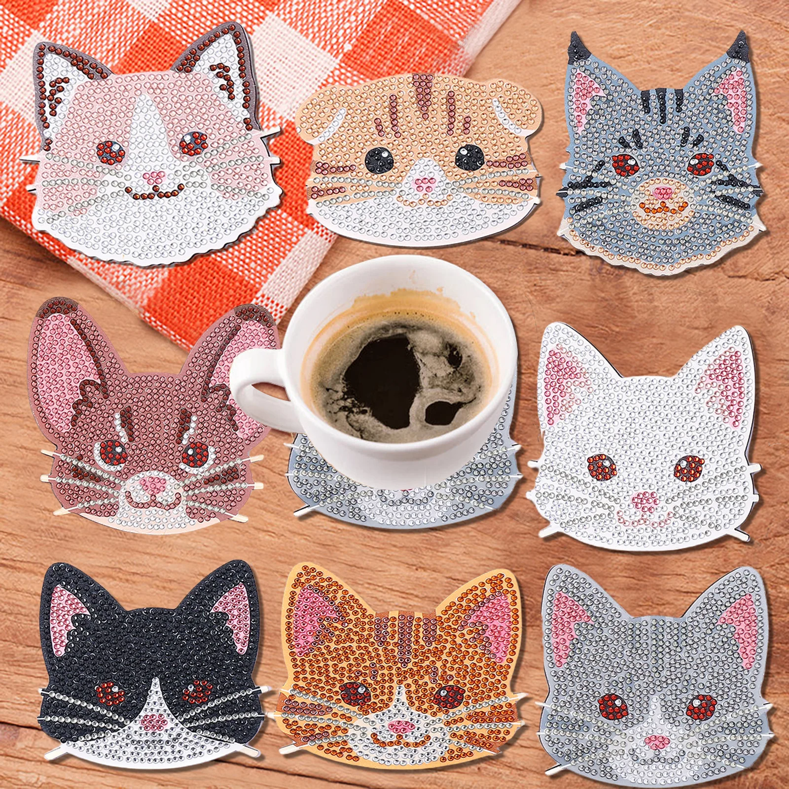 8 Pieces DIY Diamond Painting Art Set Cat Pattern Coaster Special Shape Crystal Artificial Diamond Mosaic Craft view 3