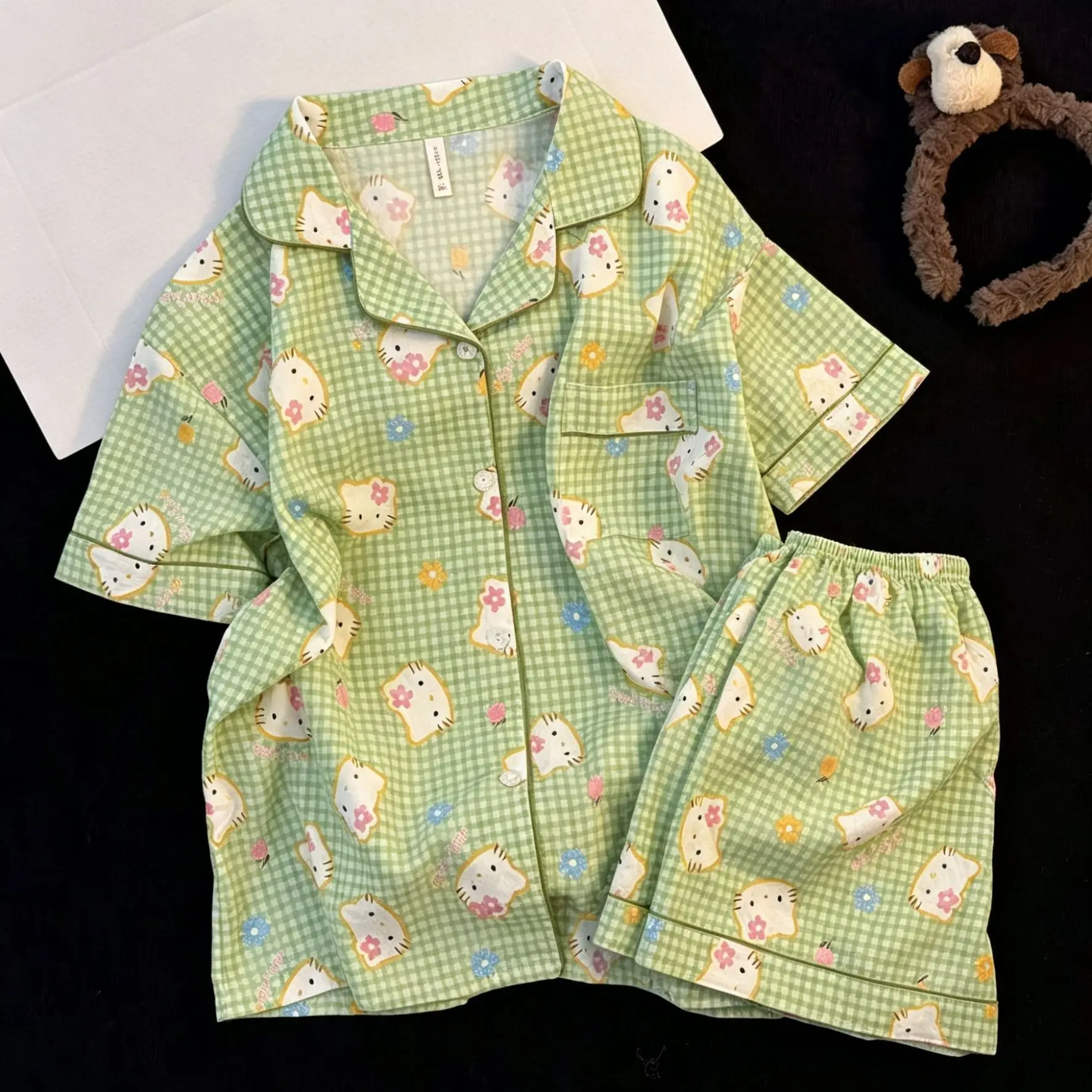 

Cute 2Pcs Hello Kitty Women's Pajama Set Summer Sanrio Anime Print Collar Green Short Sleeve Soft Fashion Casual Thin Homewear