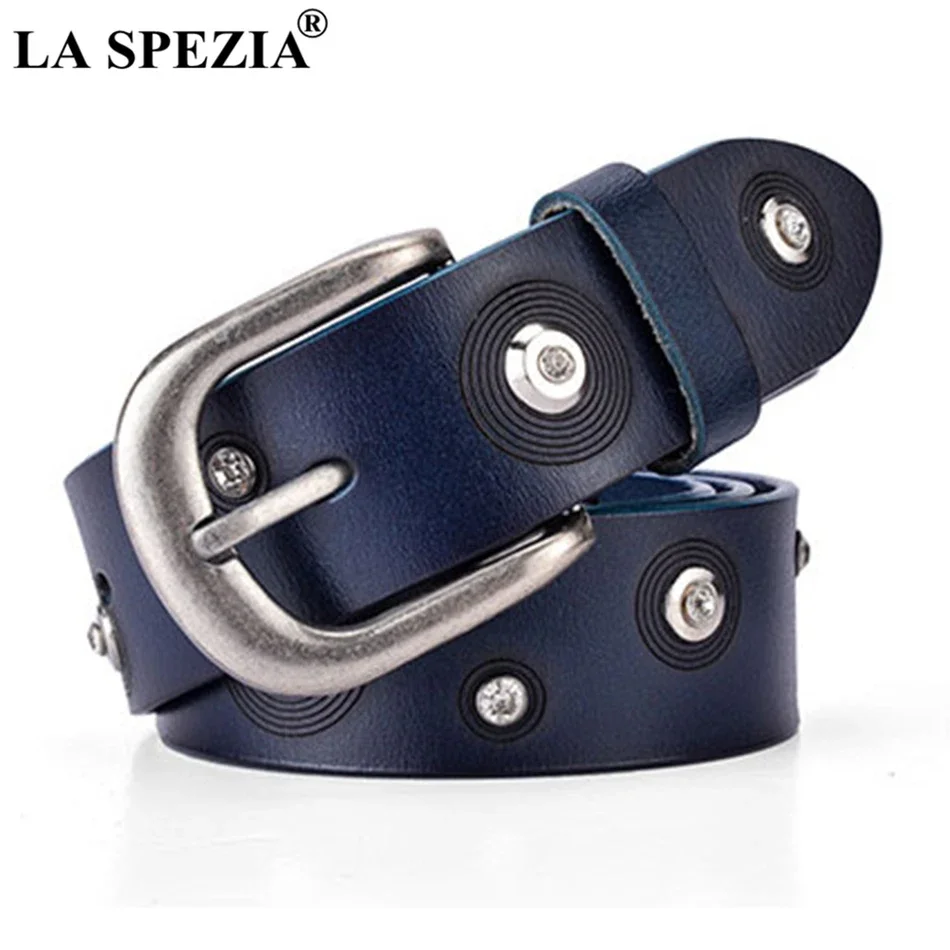 

LA SPEZIA Women Rhinestone Belts Fashion Pink Real Leather Belt Female Rivet Decorate Genuine Cow Leather Ladies Pin Belt 110cm