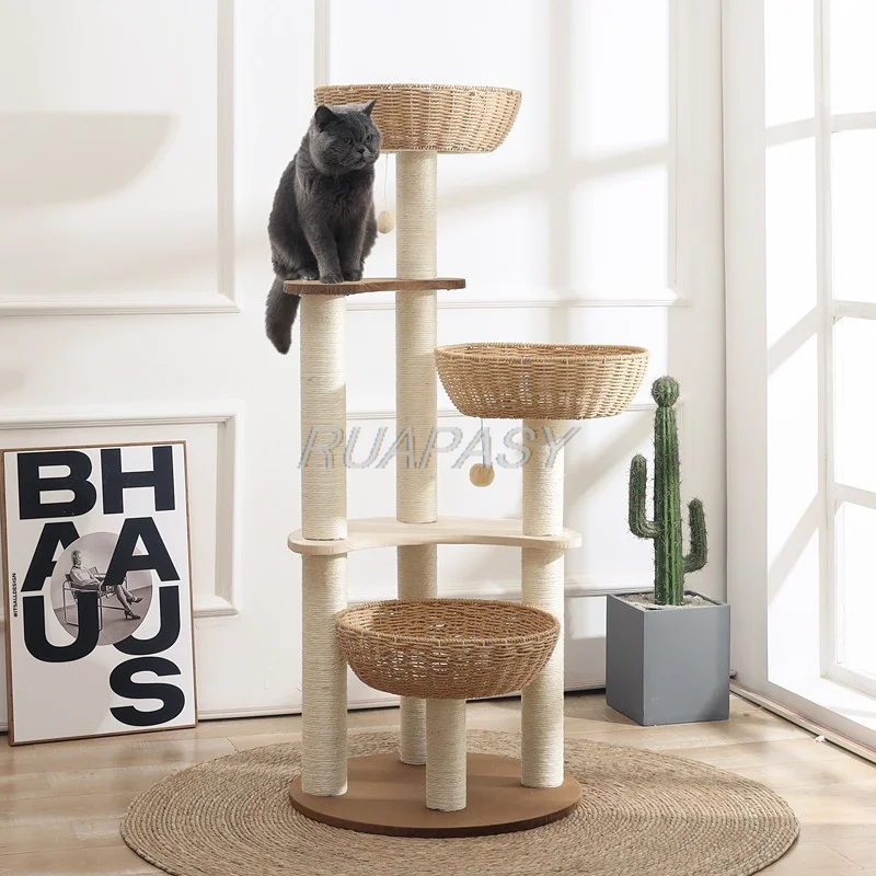 Multi-Level Rattan Cat Climbing Shelf Cat Tree Villa Post Condo Cat Tree Shelf Scratching Post Jumping Platform Perch Nest Tower