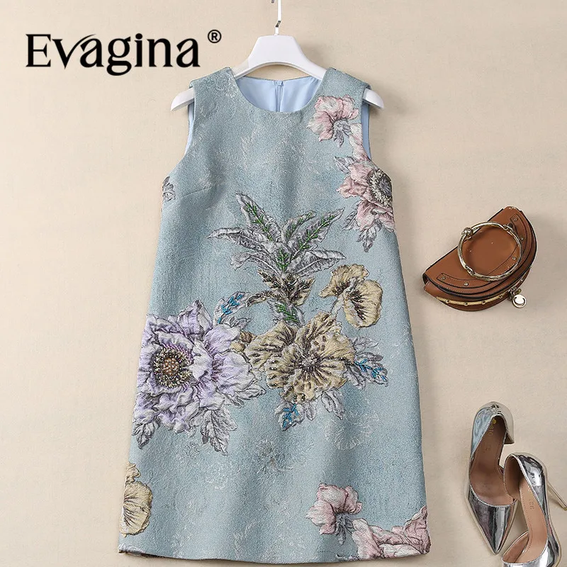 Evagina Light Blue/Light Yellow Summer Women's Dress Jacquard Sleeveless Beading High Street Party Dresses