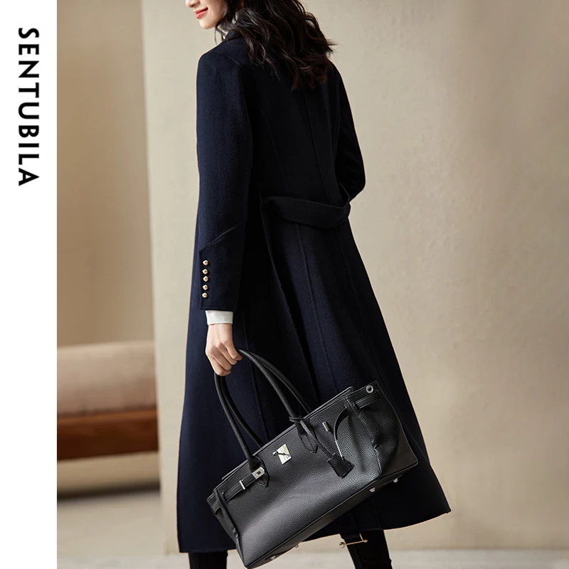 SENTUBILA 100% Wool Long Coat Women 2024 Warm Solid Office Lady Elegant Fashion Vintage Overcoats Female Outerwears W24O42058