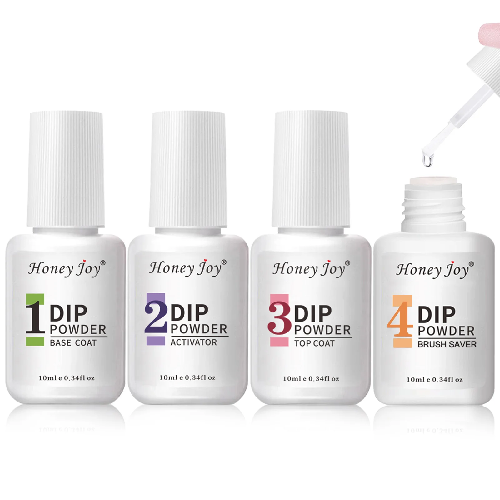 허니 조이 10ml 딥핑 파우더 리퀴드 세트 4개입 딥 파우더 시스템 베이스 탑 코트 액티베이터 브러쉬세이버 네일 아트 자연 건조 무램프