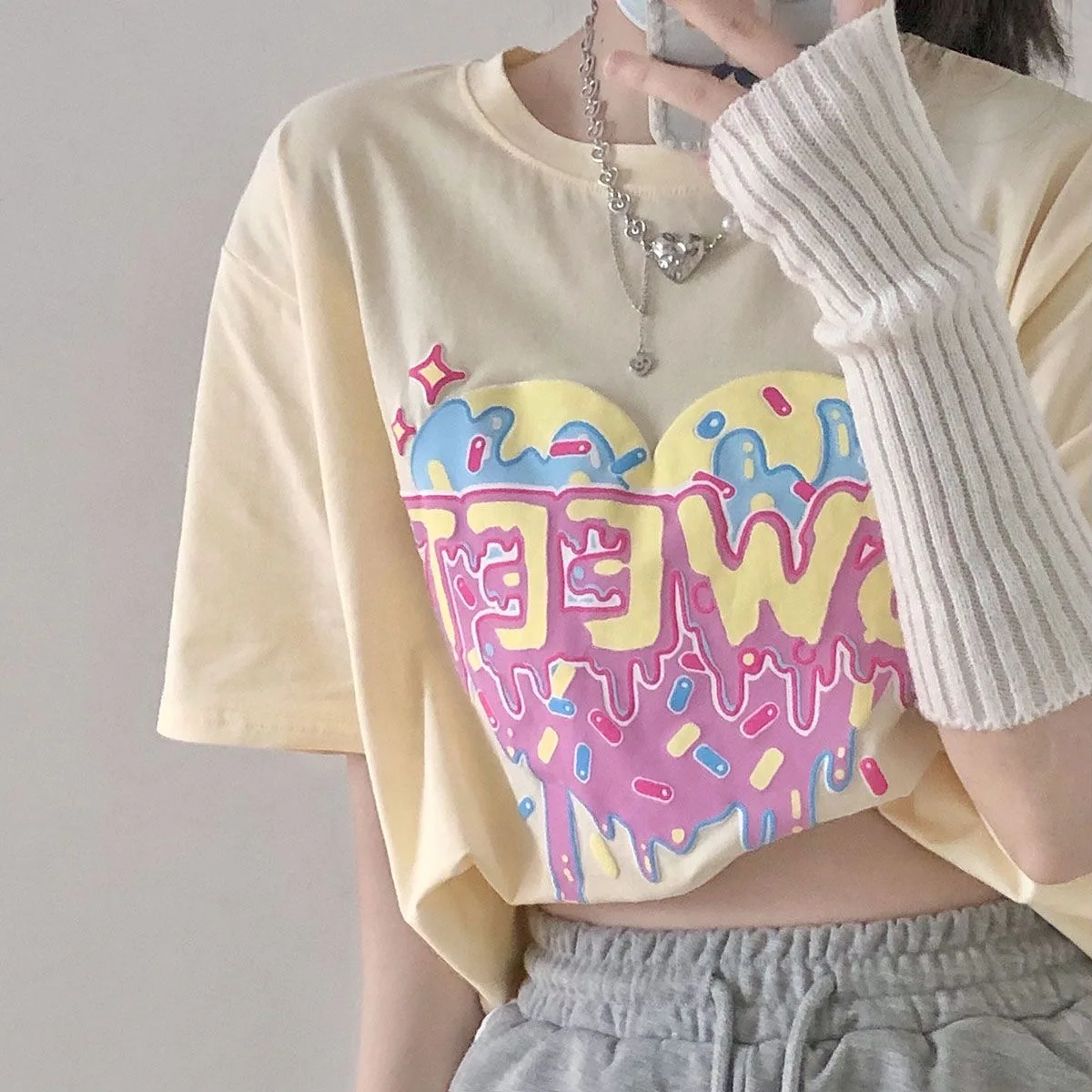 Heart Donut Printed Y2K T Shirts 100 Cotton Summer Sweet Cute Women T-shirt Oversized Tees Casual Loose Short Sleeve Tops