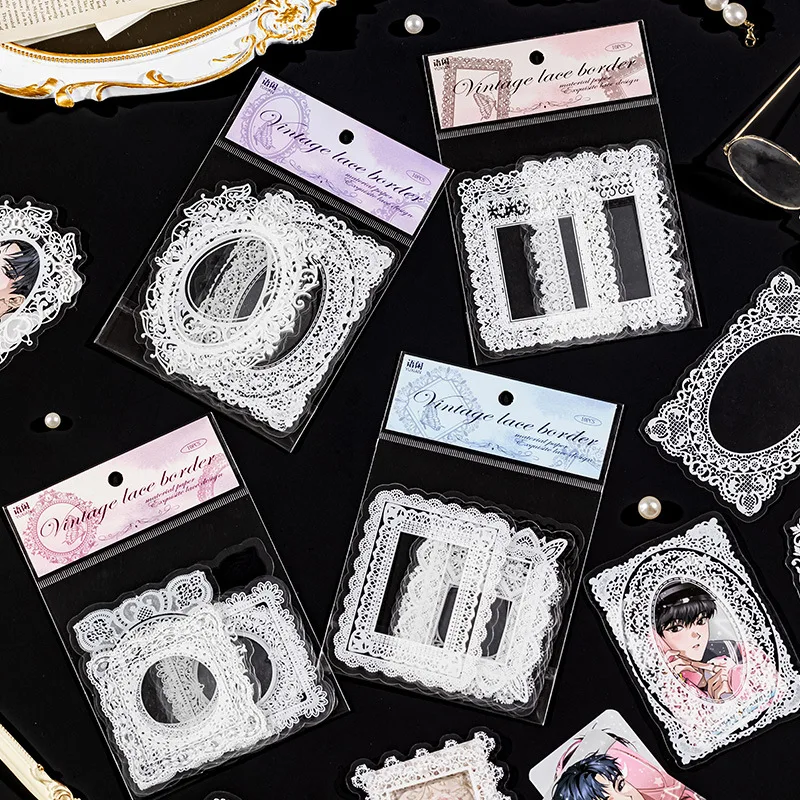 10PCS LaceRevival Romance Series Decorative Sticker Pack Retro Frame Scrapbooking Material Label Diary Junk Journal Planner