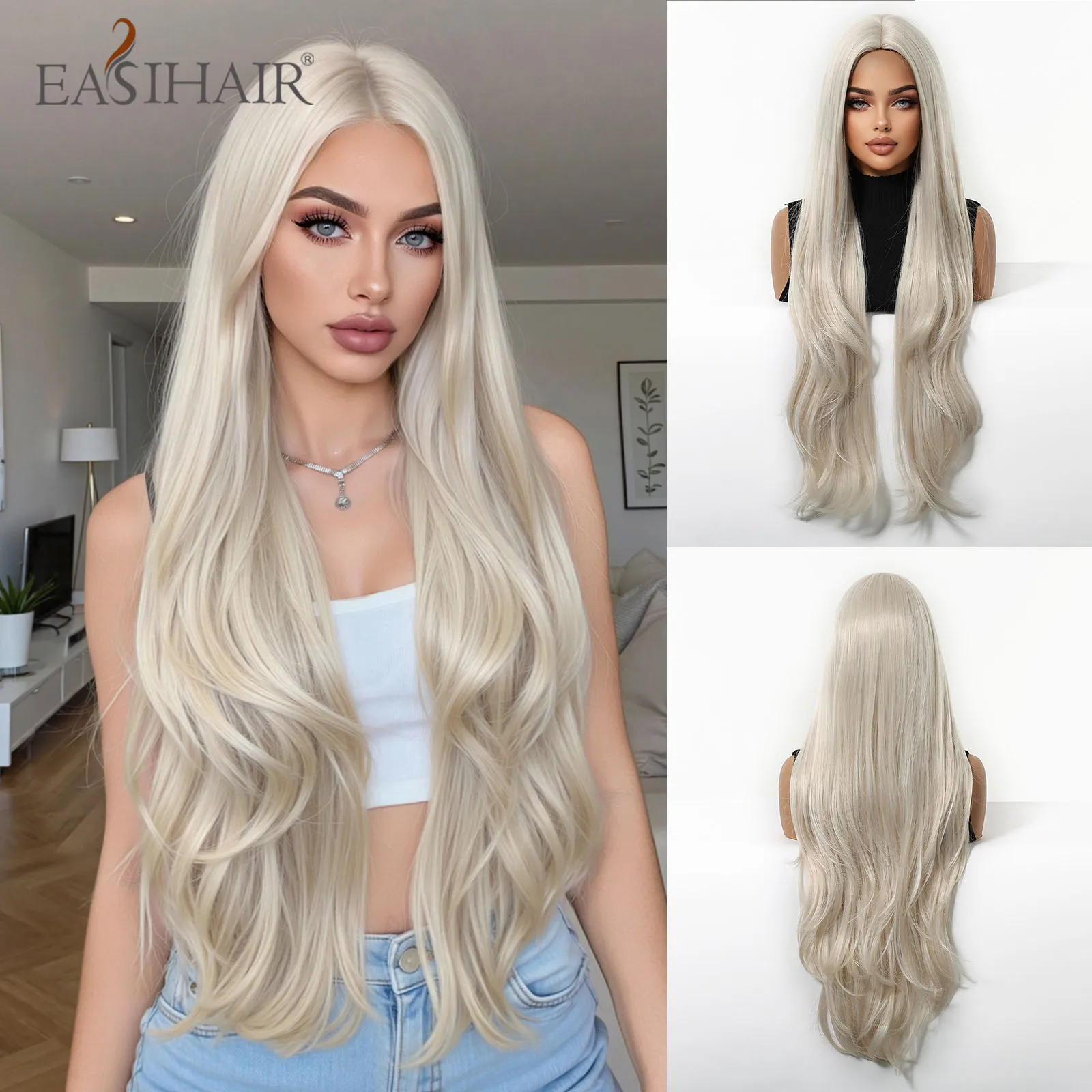 

EASIHAIR 32in Synthetic Wigs for Women Long Wavy Light Blonde Wigs Middle Part Natural Hair Daily Cosplay Heat Resistant Fiber