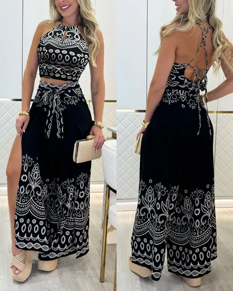 

Women's Tribal Print Two Pieces Set Keyhole Neck Sleeveless Top & Wide Leg Tied Detail Slit Pant Sets Fashion Outfit Ensemble