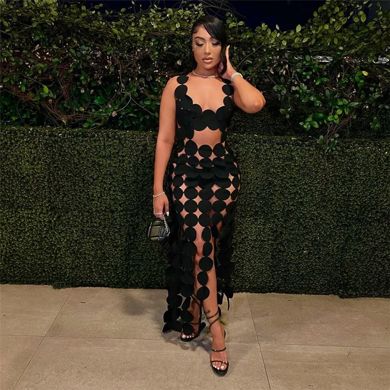 

Black Hollow Out Women Sexy Long Party Dress Summer Fashion Sleeveless Open Back Bodycon Ribbon Club Robe Street Vestidos