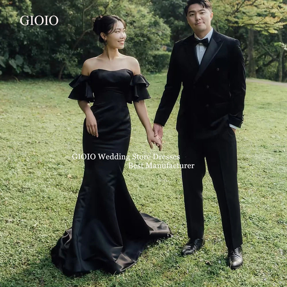 

GIOIO Elegant Fashion Black Satin Evening Dress Strapless Ruffled Shoulder Bridal Gown Korean Outdoor Photo Shoot Customized