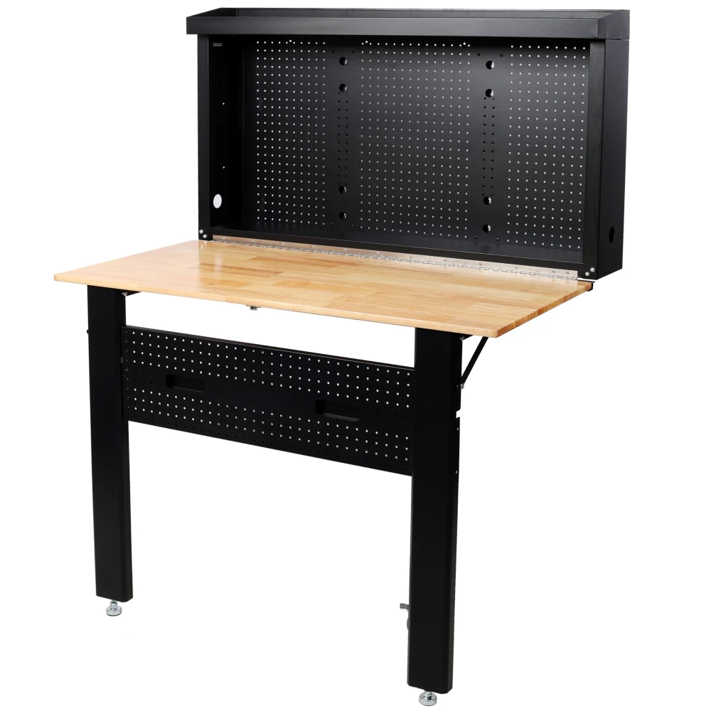 Wall Mounted Workbench, Robust Space-Saving Foldable Workbench with Rubberwood Work Surface, Pegboard for Tools