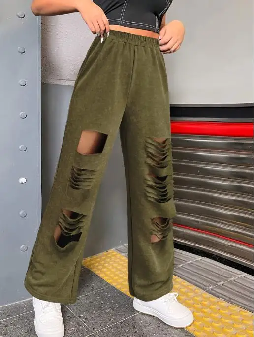 

Fashionable street girl personality ripped pants casual cut elastic waistband knitted pants wide leg pants women's clothing