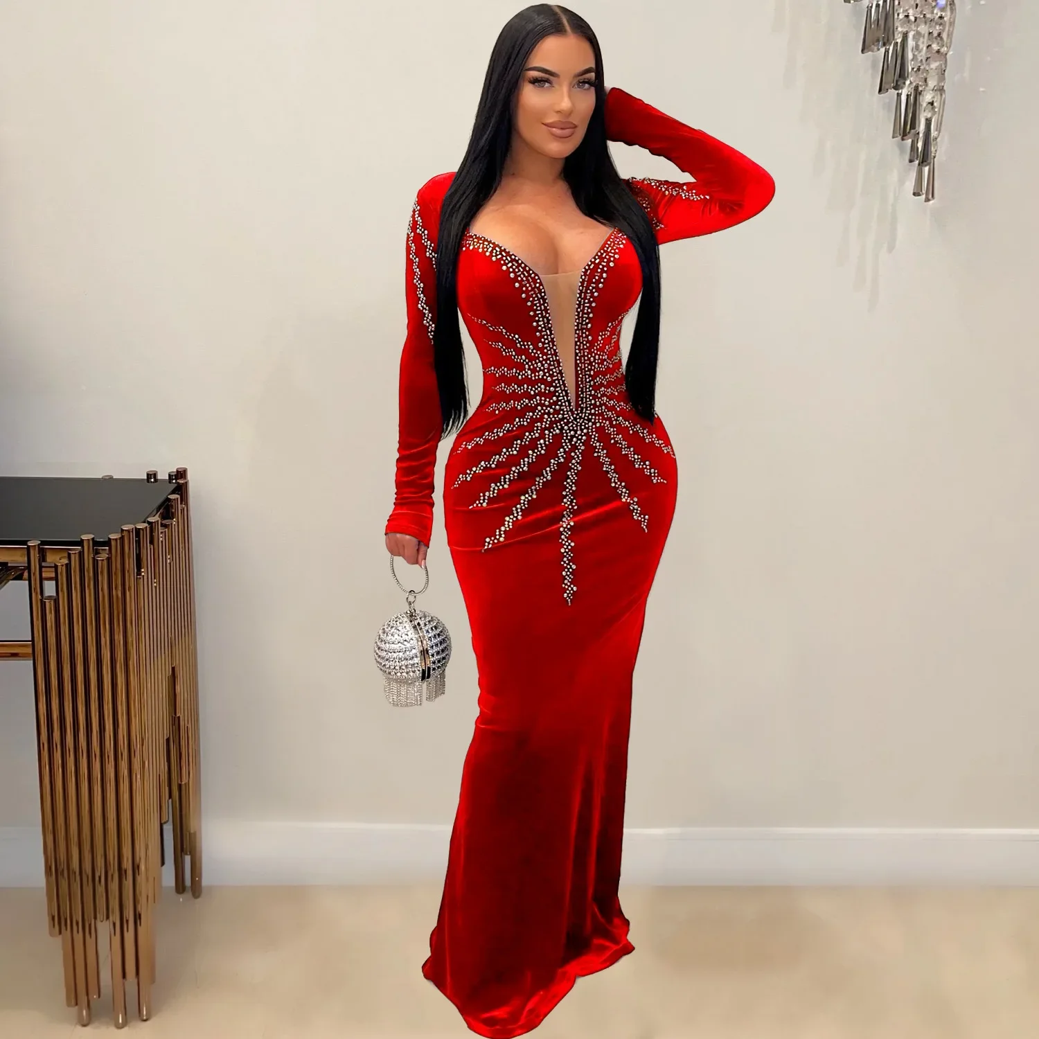 Women Diamonds Hot Rhinestones Velvet Long Sleeve Mermaid Birthday Bodycon Midi Maxi Dress 2024 Sexy Party Long Dresses