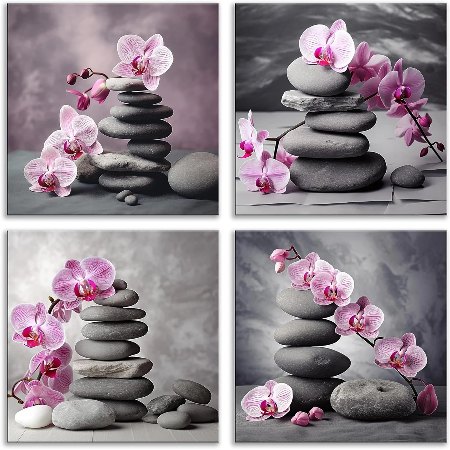 

Pink Orchids and Zen Stone diamond painting kit Orchid 5D mosaic Flower Spa Pictures full drill embroidery 4 pcs home Decorative