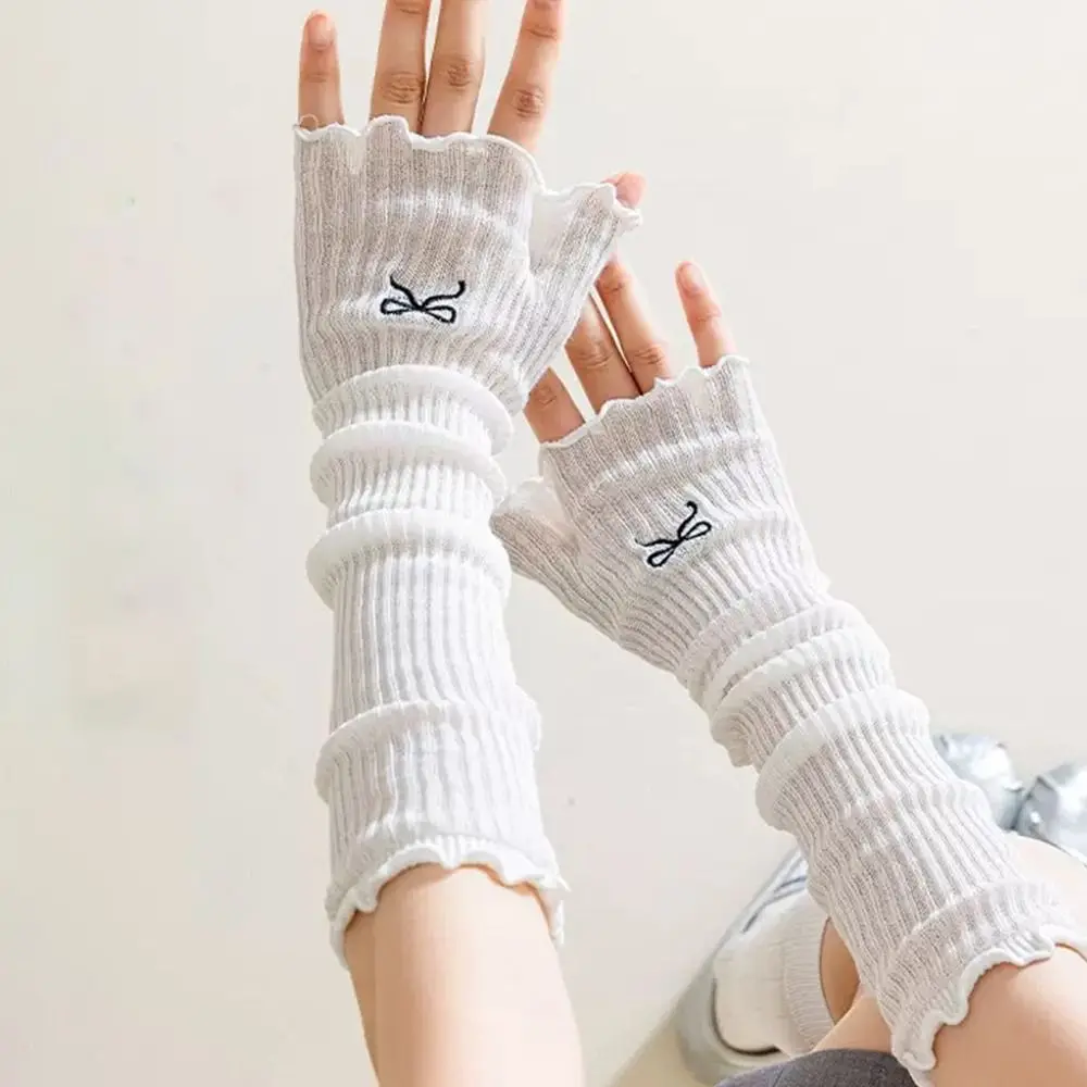 Fashion Harajuku Embroidered Bow Lolita Lace Gloves Mesh Warm Arms Fingerless Mittens Japanese Elastic UV Protection Gloves Girl