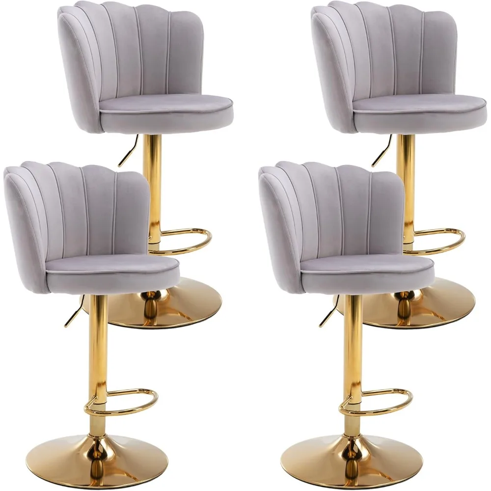 Swivel Bar Stool, Set of 4, Adjustable Counter Stool, Velvet Upholstery with Backrest, Gold Base, for Kitchen Island, Bar Stools