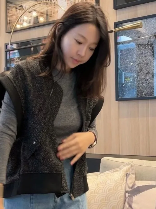 Chic Vintage ample décontracté texturé fermeture éclair gilet haut femmes Faion automne vêtements d'extérieur petit col montant polyvalent extérieur Jaet