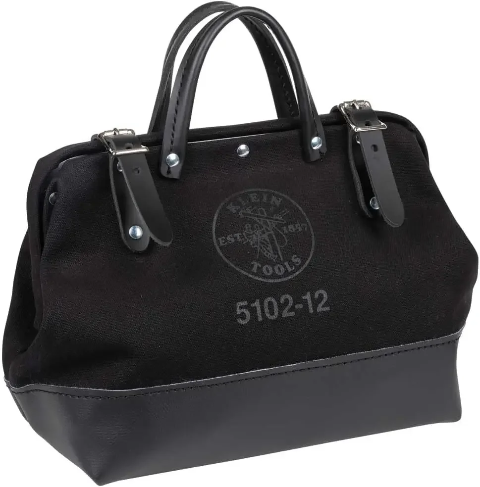 Heavy Duty Black Canvas Tool Bag, Tool Tote, Multi-Purpose Bag with Wide Hinged Opening and Leather Handles