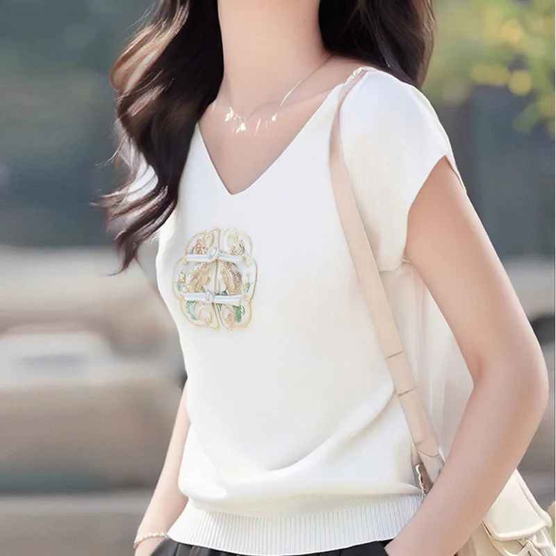 스웨터 브이넥 자수 니트 스웨터 여성 풀오버 패션 반팔 니트 스웨터 풀오버 여성 탑 니트웨어 Q2527
