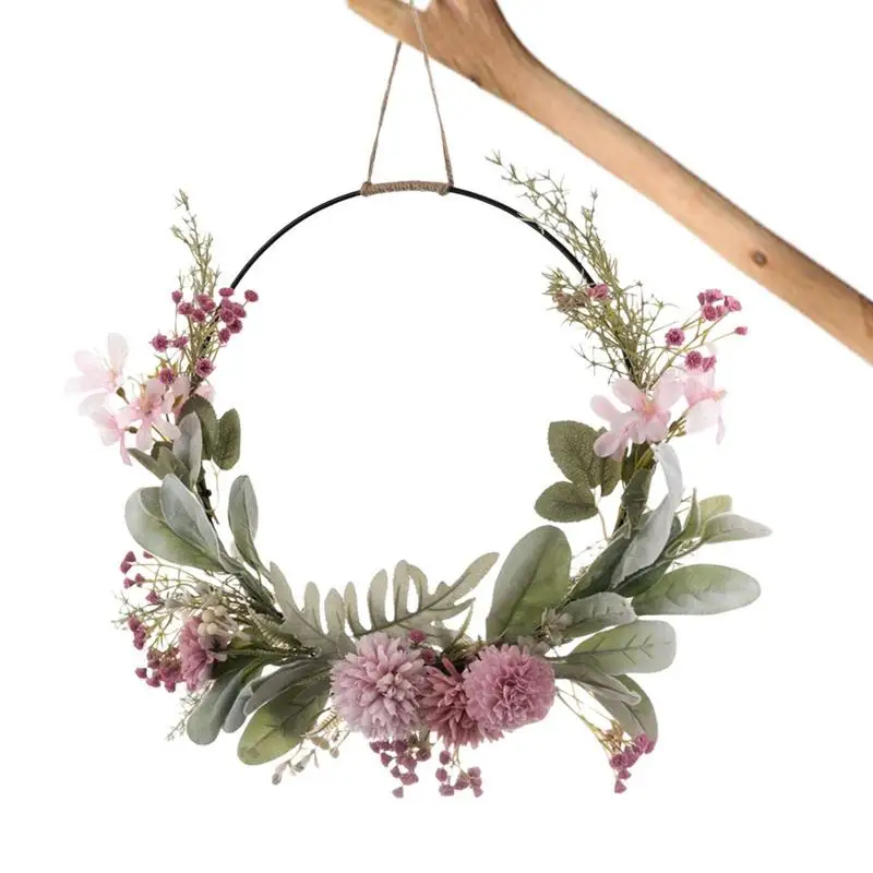 Corona de aro Floral para puerta de primavera, colgador de puerta redondo con flores de crisantemo de Orquídea y ramas verdes, 41cm/16 pulgadas